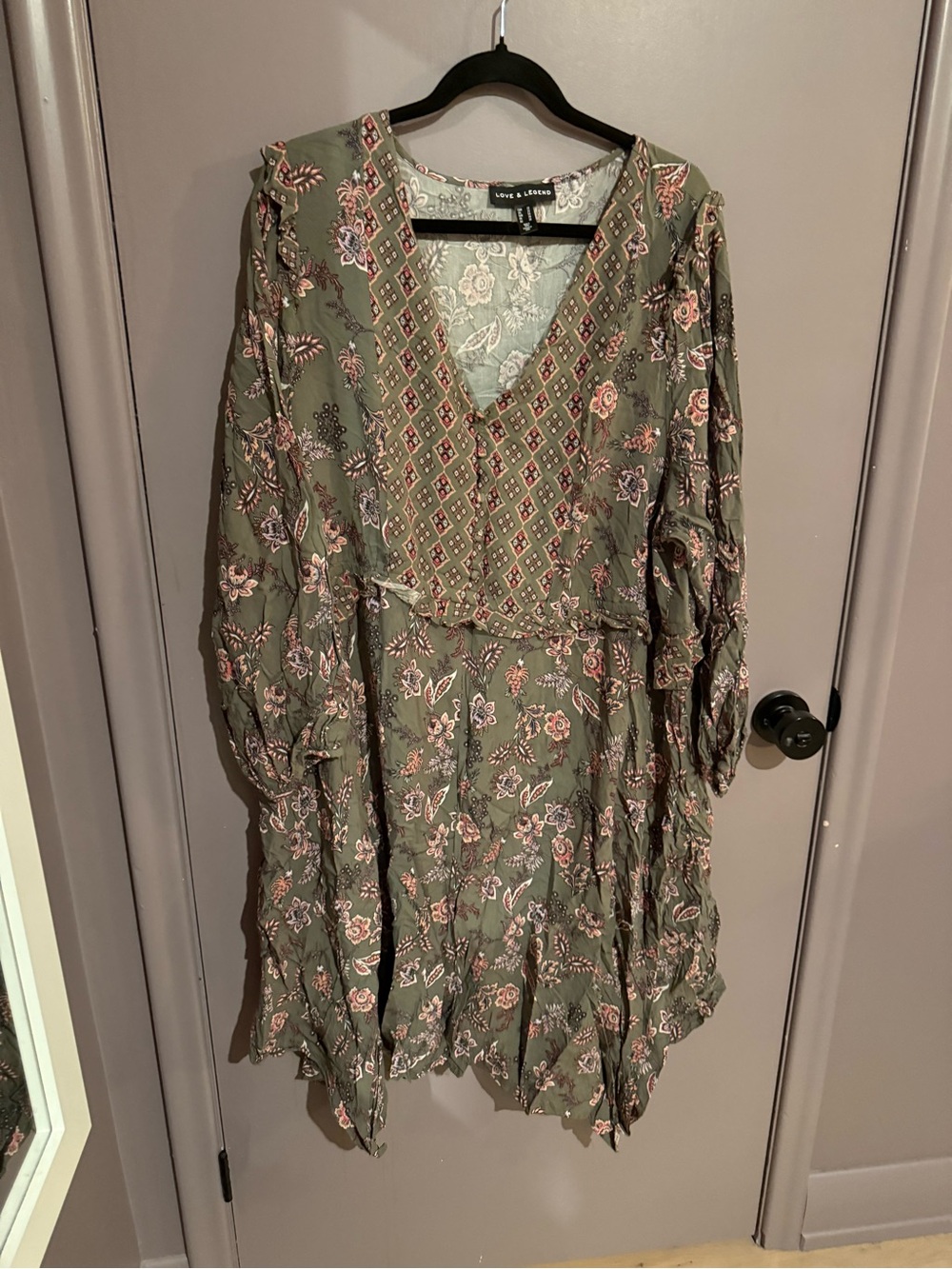 Love & Legend Olive Floral V-Neck Midi Dress with Pink Accents